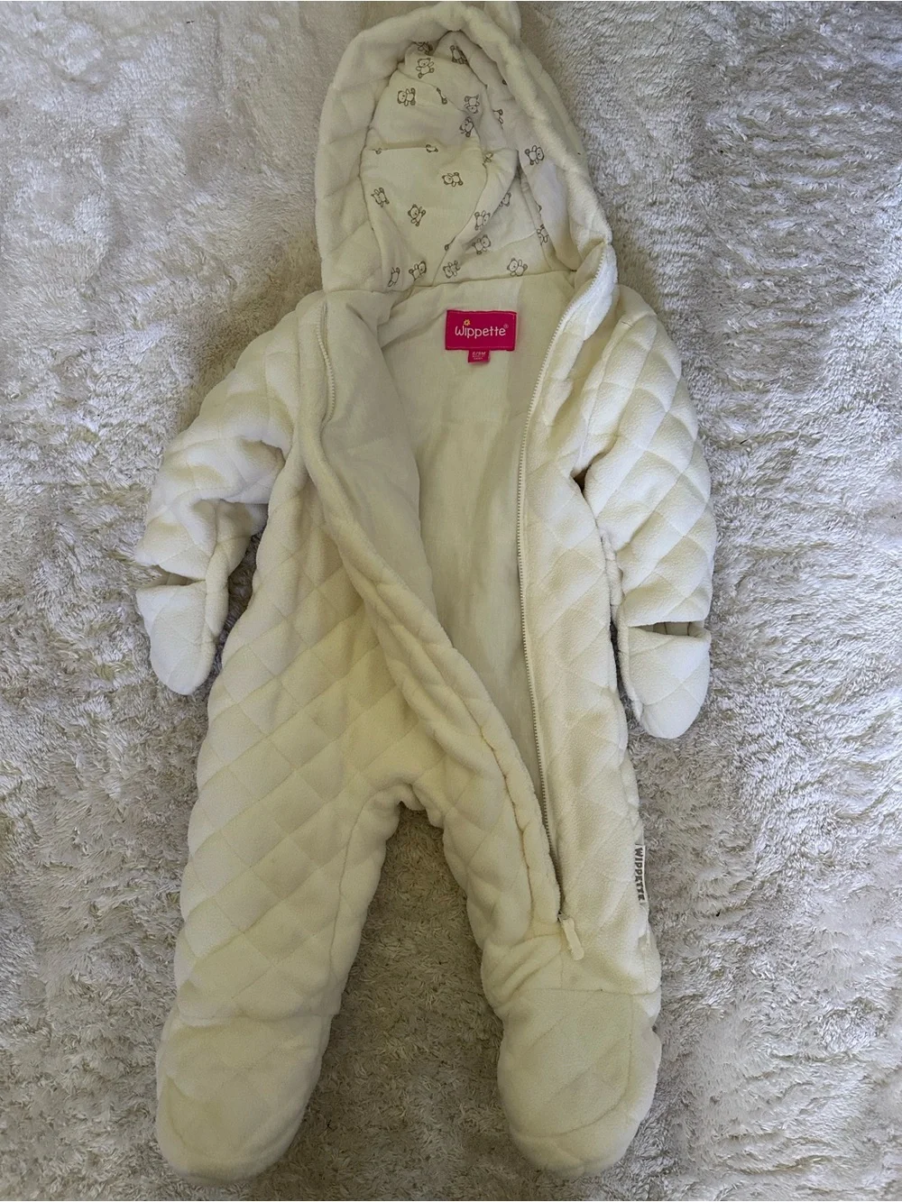 Wippette Cream Quilted Baby One-Piece with Bear Hood